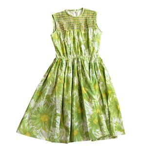 Vintage 60s Smocked Green White Floral A-Line Dress Womens XS/S Sleeveless Mod